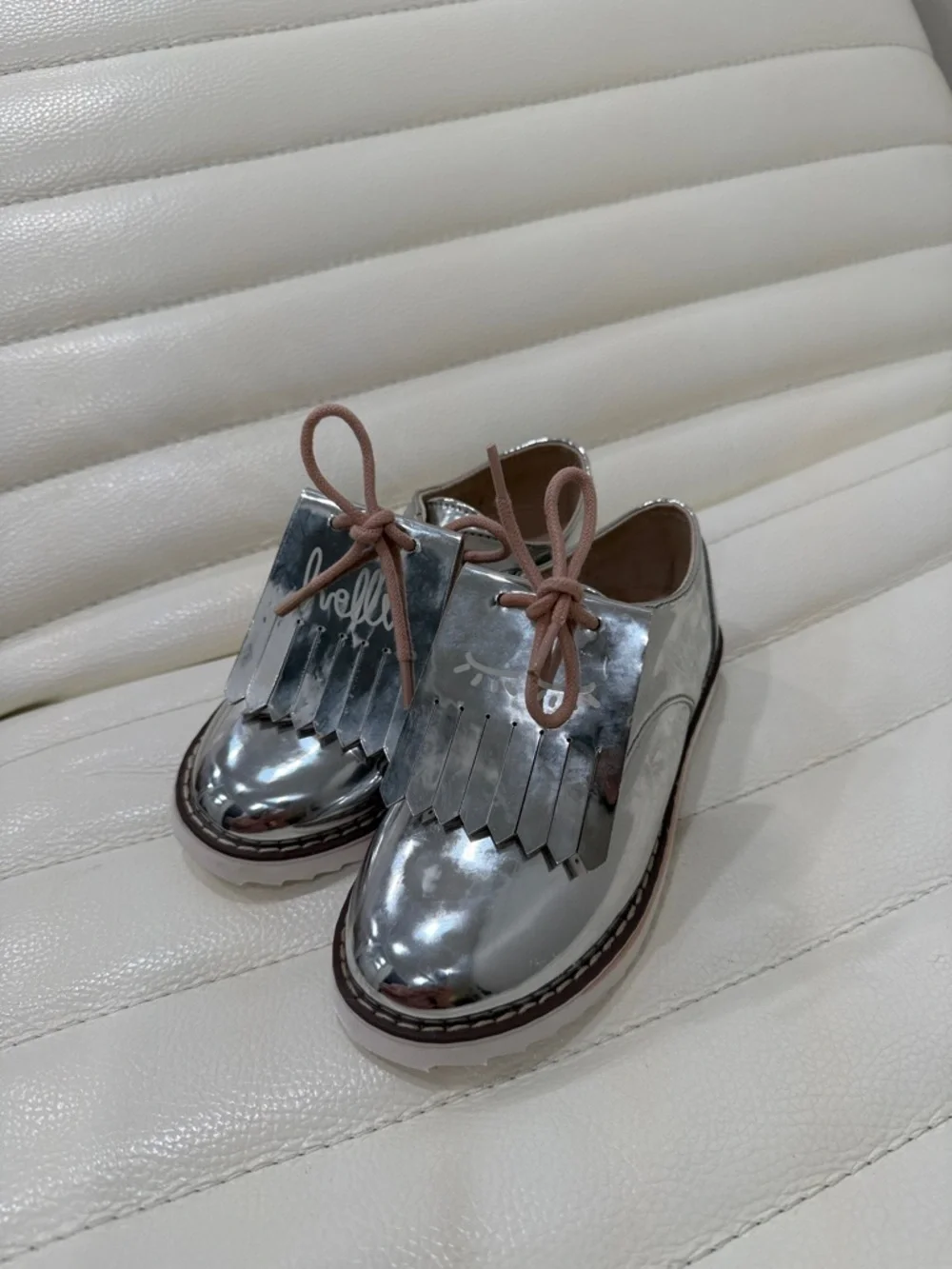 Zara Metallic Silver Girls' Fringe Lace-Up Moccasins with Pink Laces
